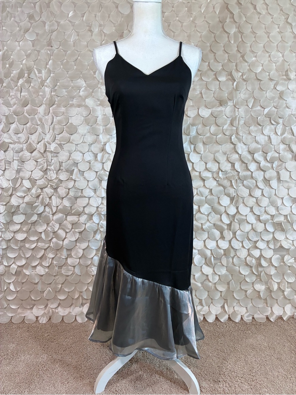XS Black Silhouette Dress with Silver Ruffle Hem